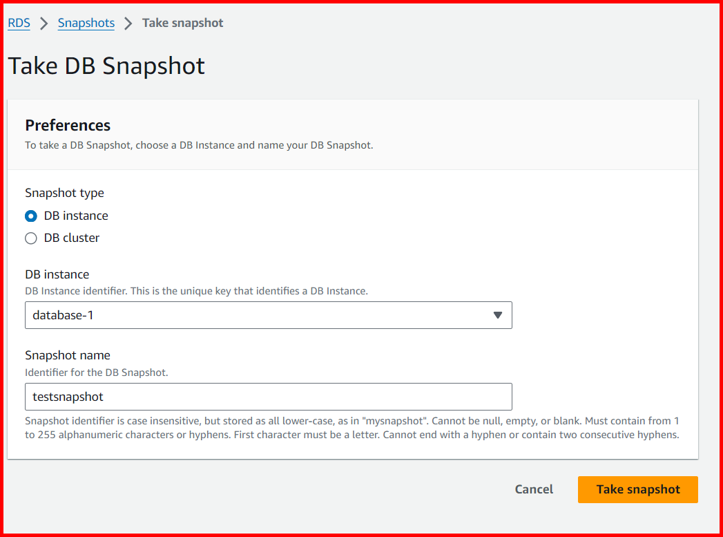 Picture showing the create snapshot screen for creating the snapshot